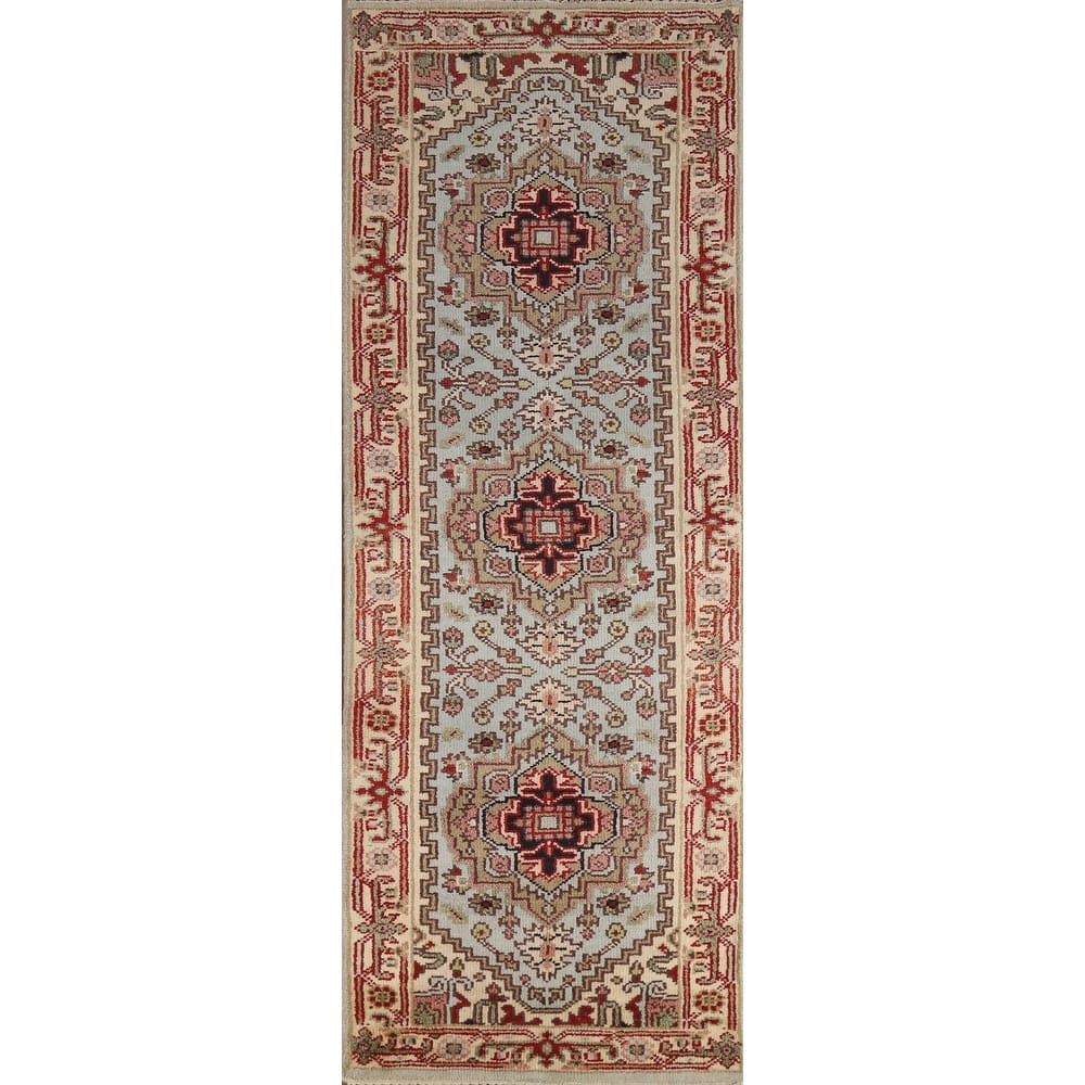 Hand Knotted Oriental 100% Wool Carpet Traditional Geometric Navy Blue & Blues Heriz (serapi) Runner Rug - 8' 1'' X 2' 5''