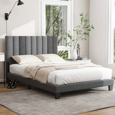 King Size Bed Frame with Charging Station, Led Lights, King Platform Bed Frame with Soft Storage Headboard, No Box Spring Needed