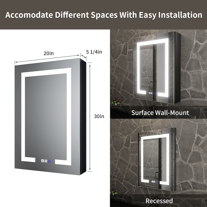 ExBrite 20" x 30" LED Lighted Bathroom Medicine Cabinet with Mirror,Recessed or Surface Mount,Defog