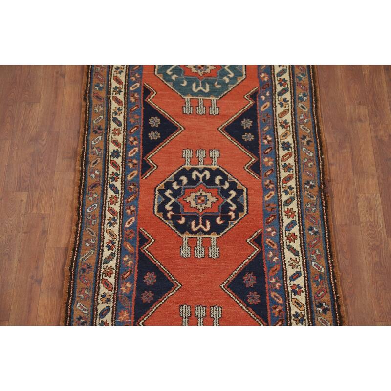 Orange Geometric Bakhtiari Vintage Persian Wool Carpet - 3'0" x 12'1"