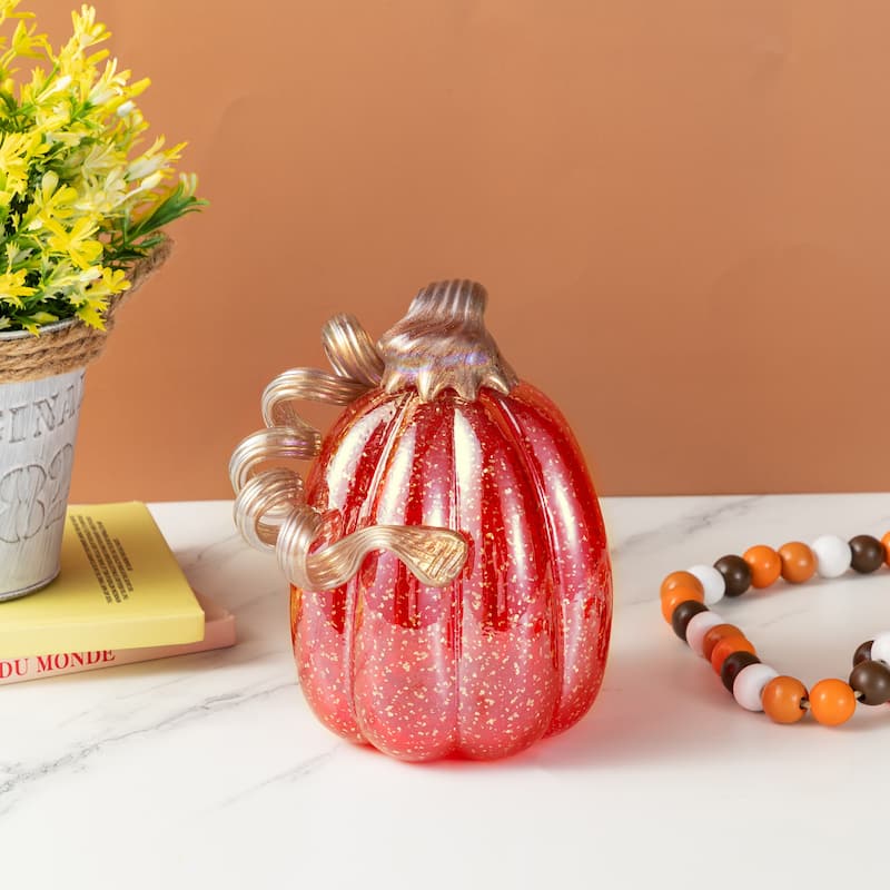 Glitzhome Set of 3 Fall Harvest Red Glass Pumpkin & Gourd with Glitter Thanksgiving Decorating