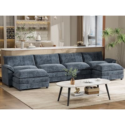 Furniwell 4 Seats U-Shaped Sectional Sofa with 2 Movable Ottomans Modern Fabric Convertible Modular Couch for Living Room