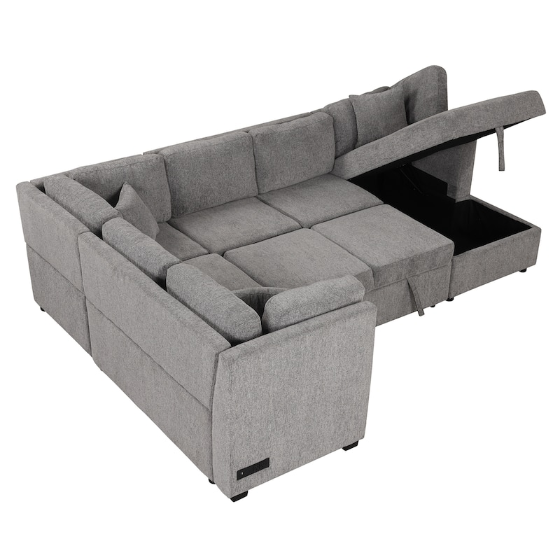 Roomfitters U-Shaped Sectional Sofa Pull-Out Bed with USB Ports, Power Sockets, Three Back Pillows, and Storage Chaise