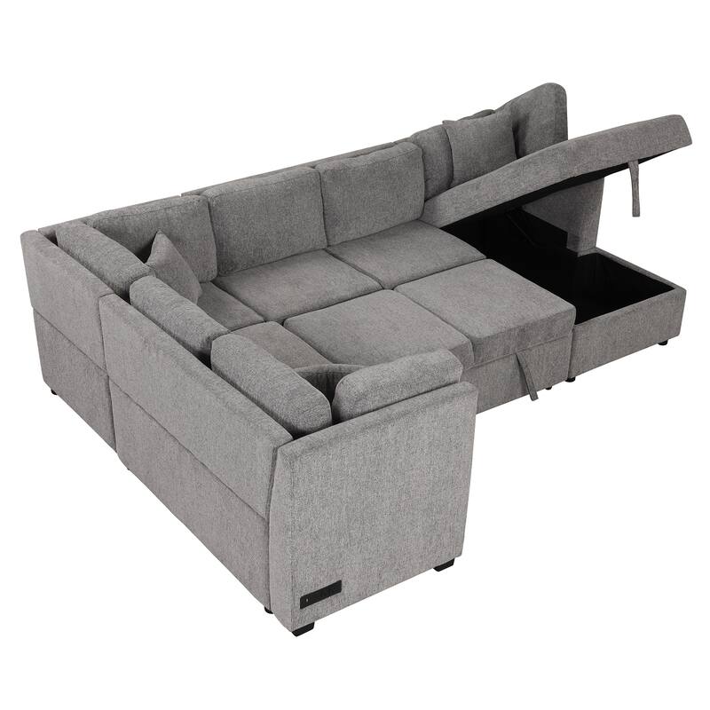 U-shaped Sectional Sofa Pull out Sofa Bed with Two USB Ports, Two Power Sockets, Three Back Pillows and a Storage Chaise
