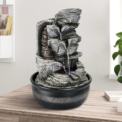 15.7'' H Indoor Rock Falls Tabletop Water Fountain with LED Lights