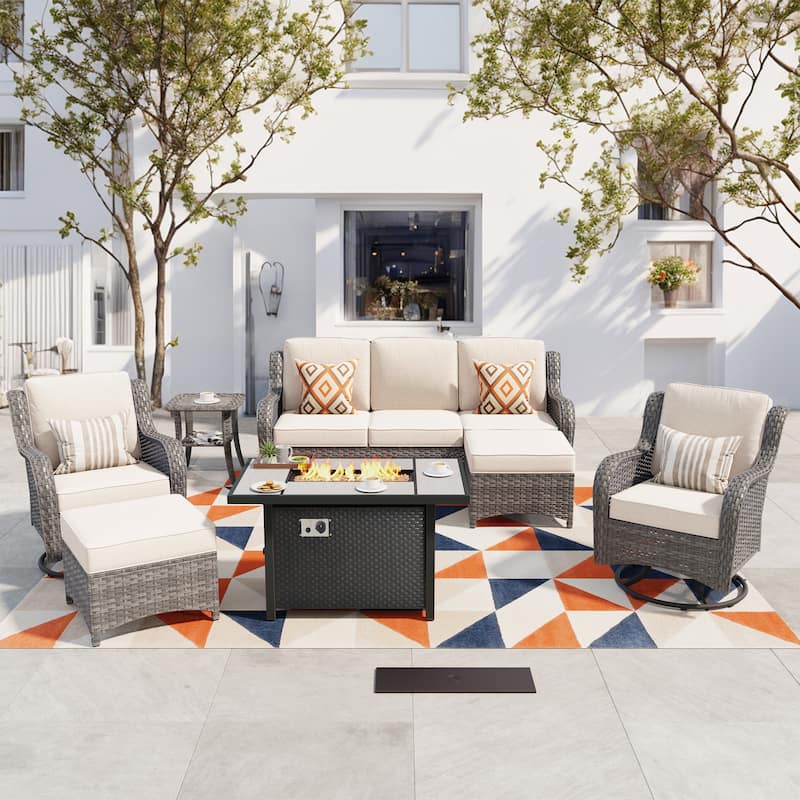 OVIOS 7-piece Patio Swivel Chair Set with 42" Fire Table - Beige-Grey Wicker