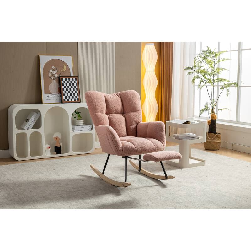 High Backrest Nursery Rocking Chair, Teddy Upholstered Glider Chair with Footrest, Recliner Chair with Solid Wood Legs