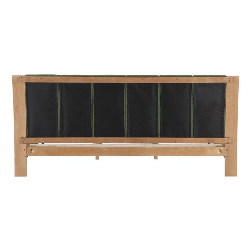 Mid-Century Modern Wood Platform Bed Frame with Upholstered Headboard, Wood Slat Support, No Box Spring Needed, Easy Assembly