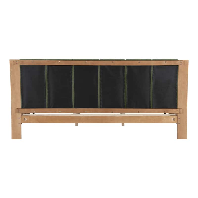 Pine Wood Bed Frame Mid Century Modern Platform Bed with Green Upholstered Headboard, Wood Slat Support Low Profile Wingback Bed