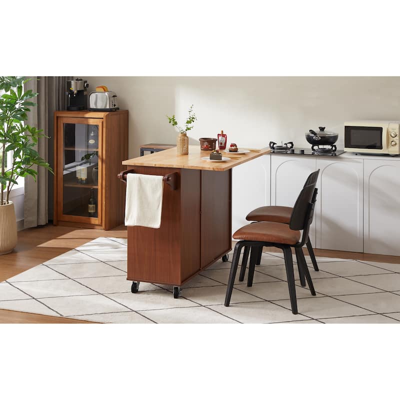 GDF Studio - Ashford Portable Wooden Kitchen Island Cart with Drop-Leaf Countertop & 3 Drawers