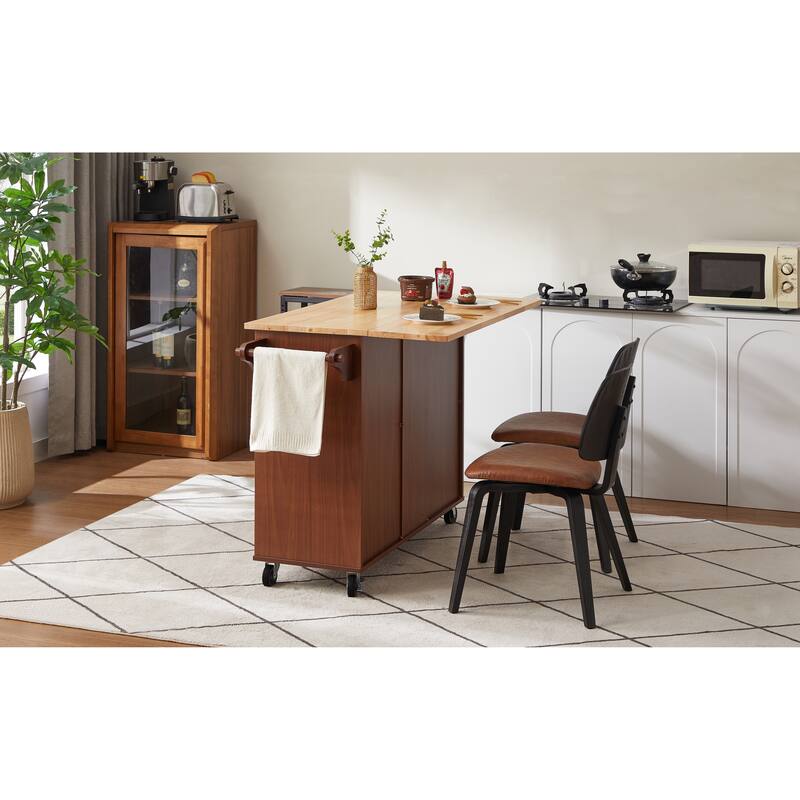 Kitchen Island with Drop-Leaf Countertop, Portable Wooden Kitchen Island Cart on Wheels, Breakfast Bar with 3 Drawers