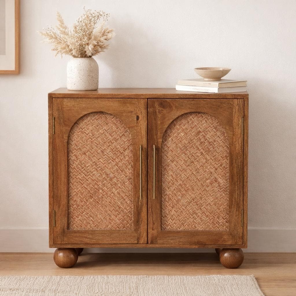 Artisan Furniture Solid Wood Arched Rattan Two-Door Sideboard , Brown
