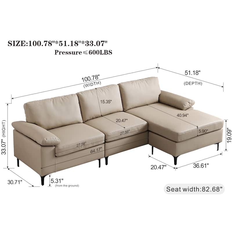 OVIOS Reversible Chaise Sofa With Fluffy Cushions Metal Legs