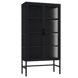 Modern Glass Door Cabinet with Adjustable Shelves Steel Storage Sideboard