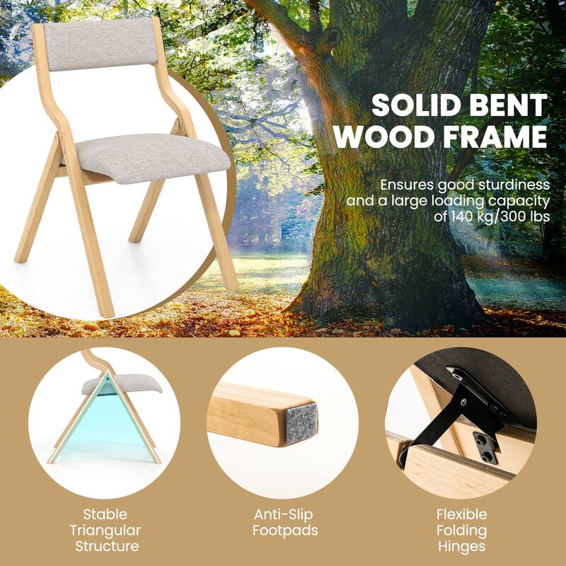Set of 2 Linen Fabric Folding Chairs with Curved Backrest and Solid Bentwood Legs for Kitchen Use - 19" x 24" x 31" (L x W x H)