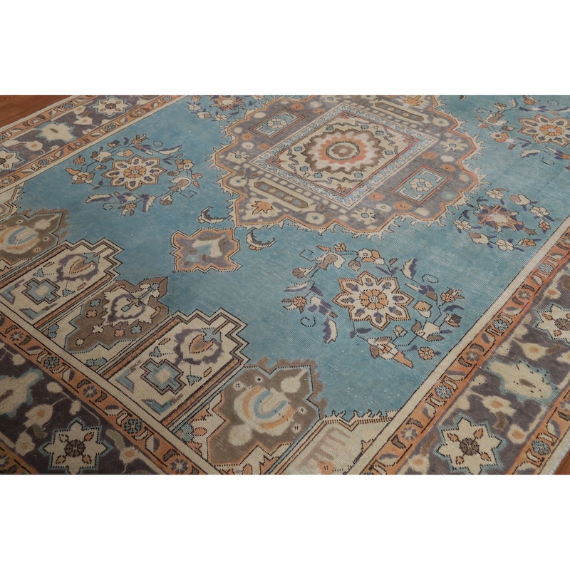 Geometric Blue Tabriz Persian Vintage Rug Hand-Knotted Wool Carpet - 6'7" x 9'7"