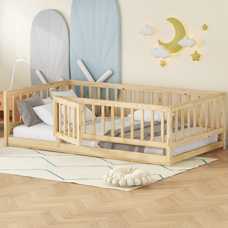 Montessori Floor Bed with Fence Guardrail and Removable Door Toddler Floor Wood Bed Frame for Kids Boys Girls Children's Room