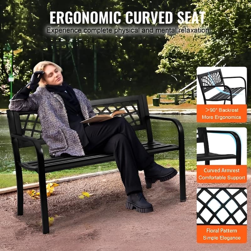Black Metal PVC Outdoor Bench, 46 inches Modern Waterproof Patio Seating - 20.7” L x 45.8” W x 28” H