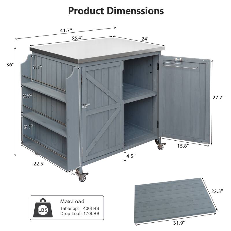 42.1" Outdoor Kitchen Island with Stainless Steel Top, Outdoor Grill Cart with Storage Cabinet and Adjustable Shelf