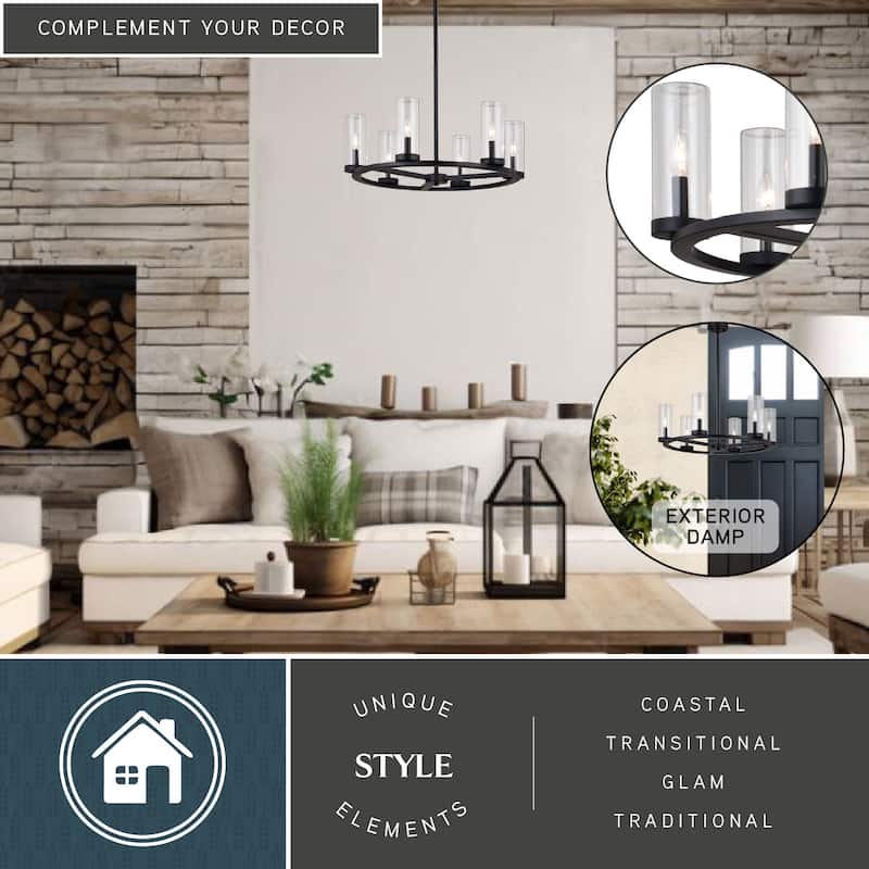 Grantley Wheel Chandelier Light Fixture Clear Glass Shade, LED Compatible, Damp Rated
