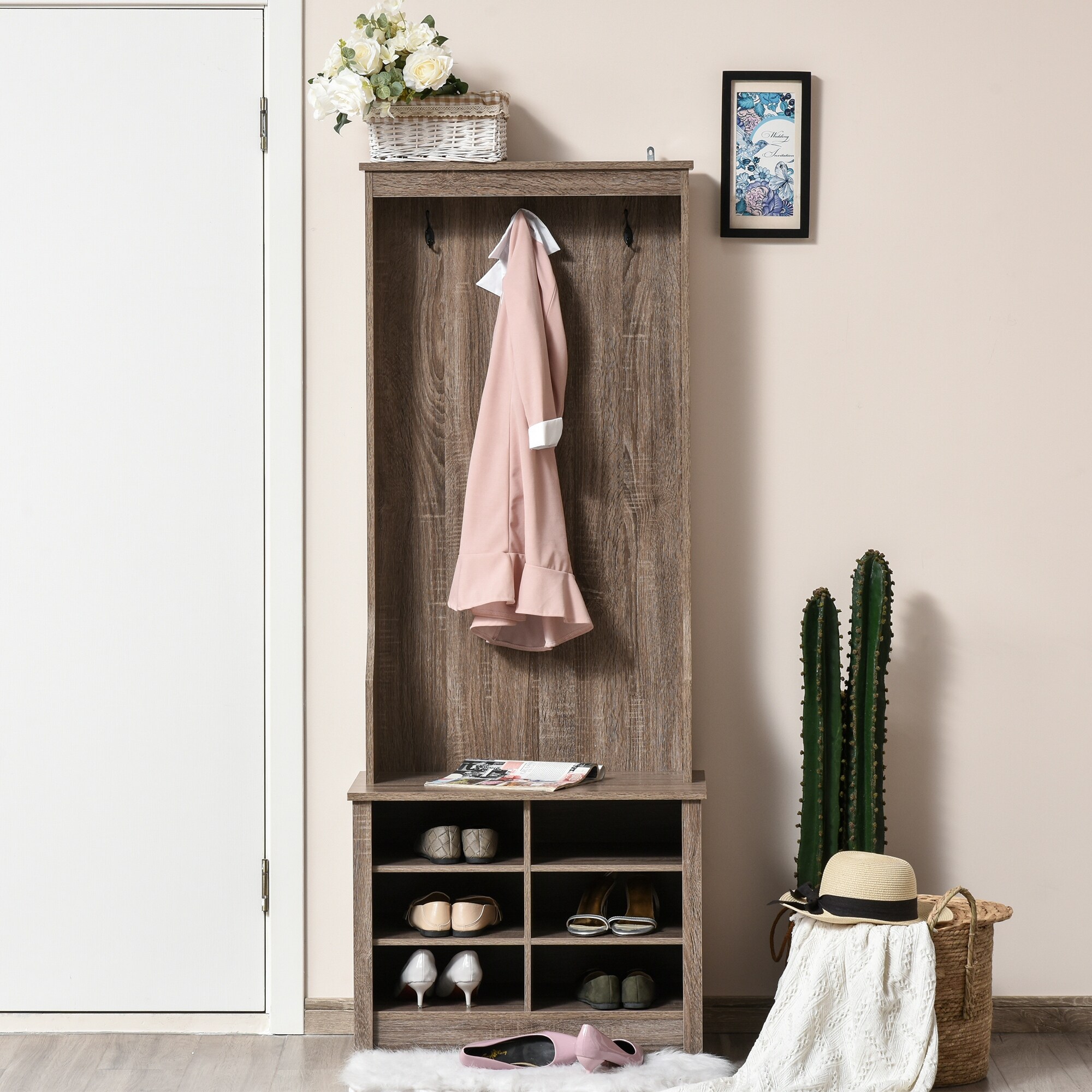 HOMCOM Wood Brown Hall Tree Storage Organizer with Shoe Bench