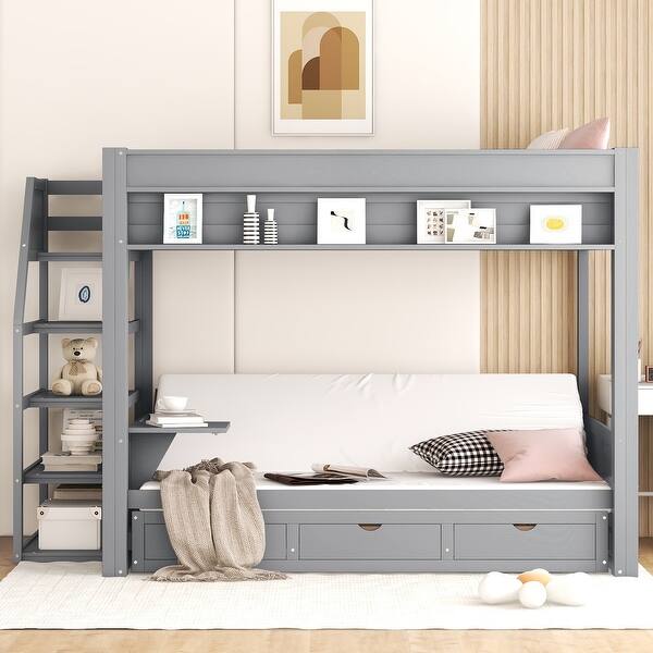 slide 2 of 9, Full Convertible Bunk Bed wStorage Staircase,Table,3Drawers,Grey Grey - Full