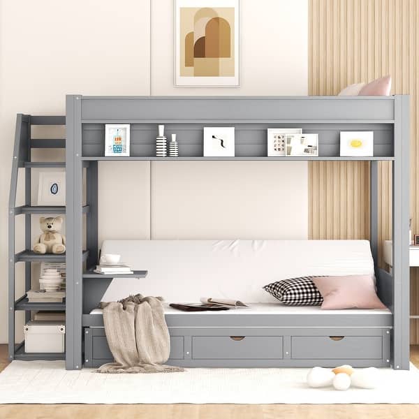 slide 2 of 12, Full Size Bunk Bed with Bedside Table and 3 Storage Drawers, Convertible down Bed with Storage Staircase Grey