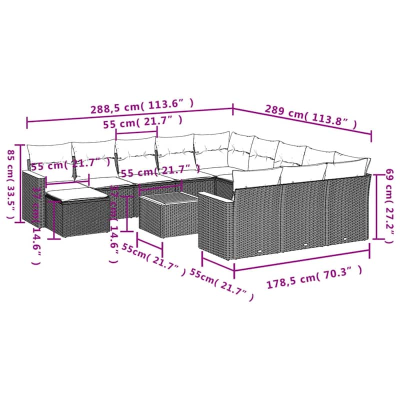 vidaXL 12/13 Piece Patio Sofa Set with Cushions Black/Gray Poly Rattan - 24.4 x 24.4 x 27.2