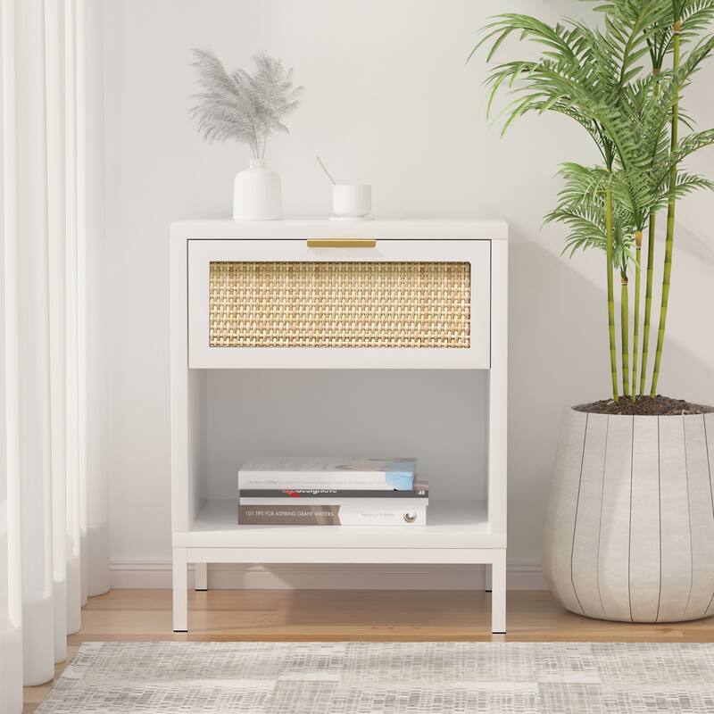 Anmytek Mid-Century Modern 1-Drawer White Nightstand Wood Bedside Table with Storage Shelf for Bedroom