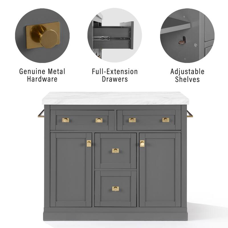 Gray Kitchen Island with White Faux Marble Countertop, Cabinets, Drawers, and Elegant Hardware for Modern Homes