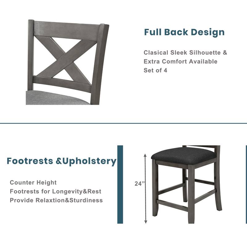Rustic Farmhouse 5-Piece Counter Height Dining Set with 4 Upholstered Chairs and 3-Tier Storage Shelf for Dining Spaces