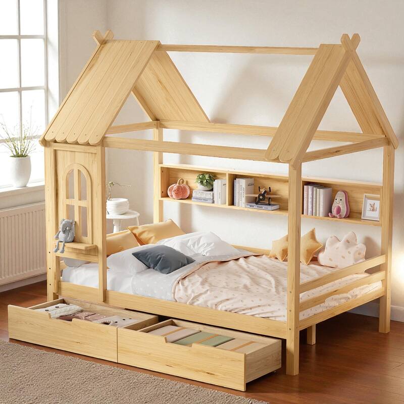Twin/Full Size Wooden House Bed with Drawers and Shelves, Kids Platform Bed Frame with Window Roof Design