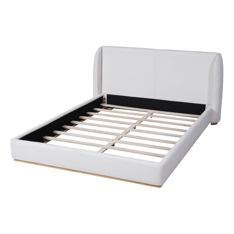 White Low Profile Platform Bed Ground Bed Boucle Frame with Upholstered Wingback Headboard