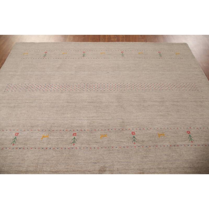 Beige Tribal Gabbeh Area Rug Hand-Knotted Wool Carpet - 8'3"x 9'10"