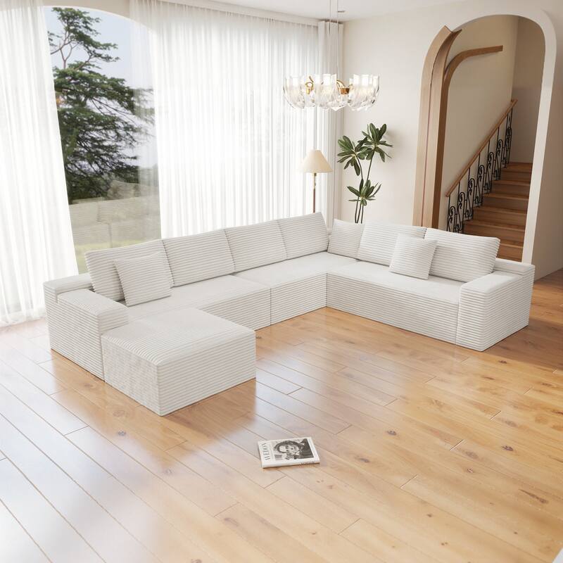 Roomfitters 137.8" Modular Sectional Sofa, 4-Piece Compressed Cloud Couch, No Assembly Required, Plush Corduroy, White