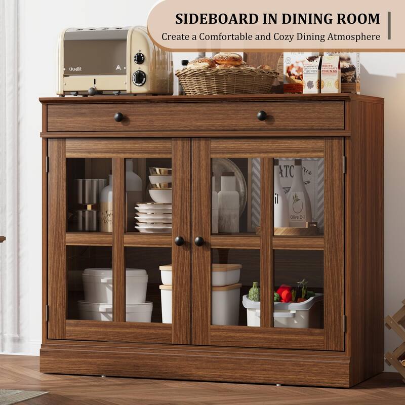 35.4" Sideboard Buffet Cabinets with Glass Door,Buffet Cabinet with Storage,White&Brown Sideboard Cabinet with Drawer