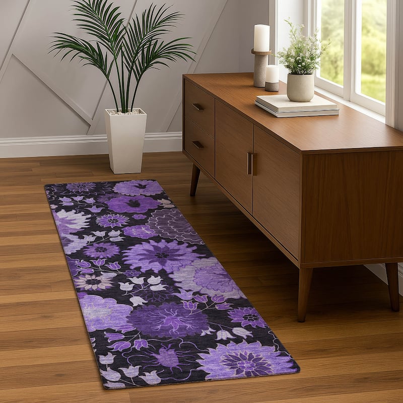 Machine Washable Indoor/ Outdoor Modern Floral Chantille Rug