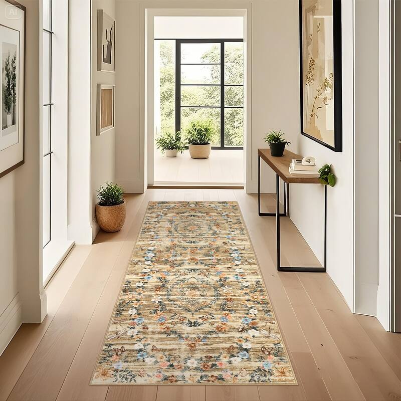 Modern Insect Botanical Pattern Area Rug Floral Print Rug Non-Slip Low Pile Soft Accent Carpet for Living Room Bedroom - 2'x6' - Brown