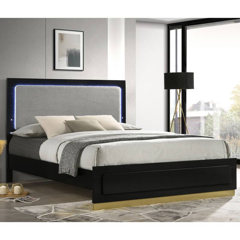Upholstered Panel Bed with LED Lighting in Black and Light Gray