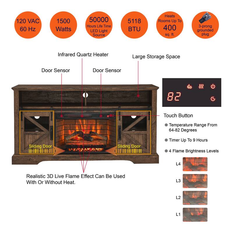 60" Entertainment Center with 1500W Electric Fireplace, Door Sensor, Infrared Remote, and Storage for TVs up to 70"