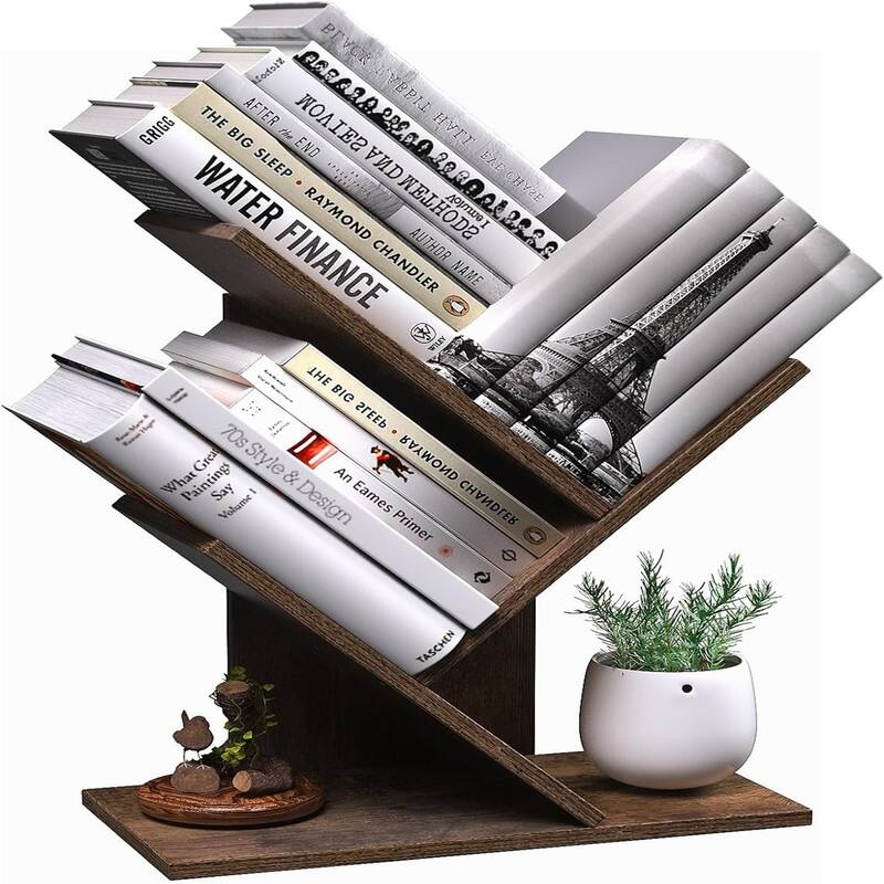 3 Tier Small Tree Bookshelf Desk Book Organizer Narrow Bookcases for Books - 11.6"D x 6"W x 15"H - Brown