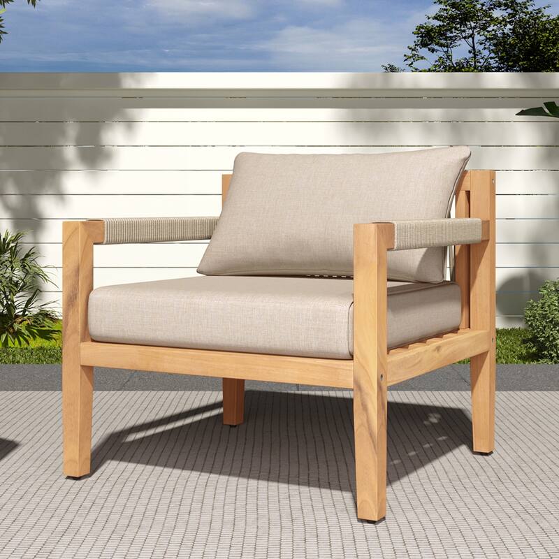 Roomfitters Outdoor Leisure Chair, Acacia Wood Frame with Beige Rope Weaving