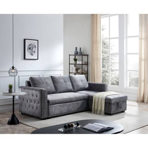 Classic&Rustic Sectional Sofa with Pulled Out Bed, 2 Seats Sofa&Reversible Chaise with Storage, Both Hands with Copper Nail