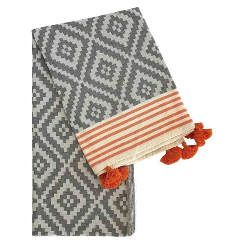 HomeRoots 39" X 71" Gray and Orange Cotton Geometric Turkish Towel Throw Blanket with Tassels