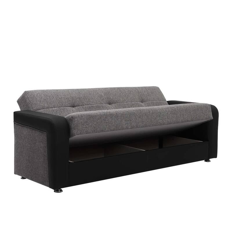 HomeRoots 90" Gray Chenille And Faux Leather Convertible Futon Sleeper Sofa And Toss Pillows With Storage