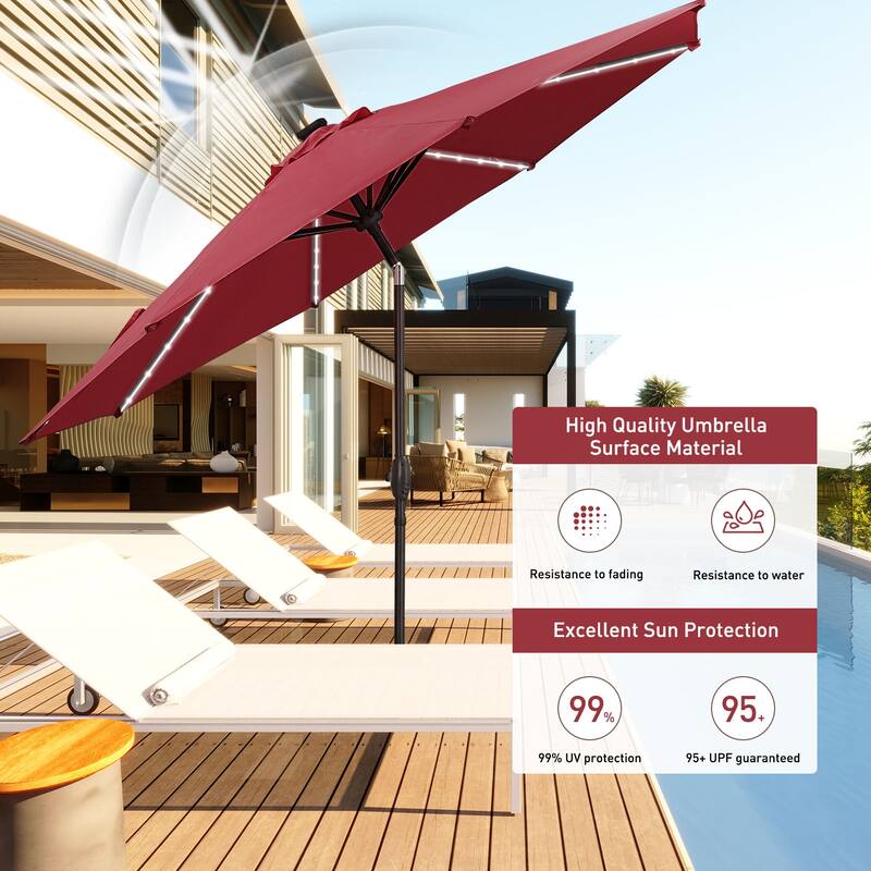 Ainfox 10ft Solar Patio Umbrella 40 LED Lighted and Umbrella Base, Strip Lights Outdoor Market Table Umbrella