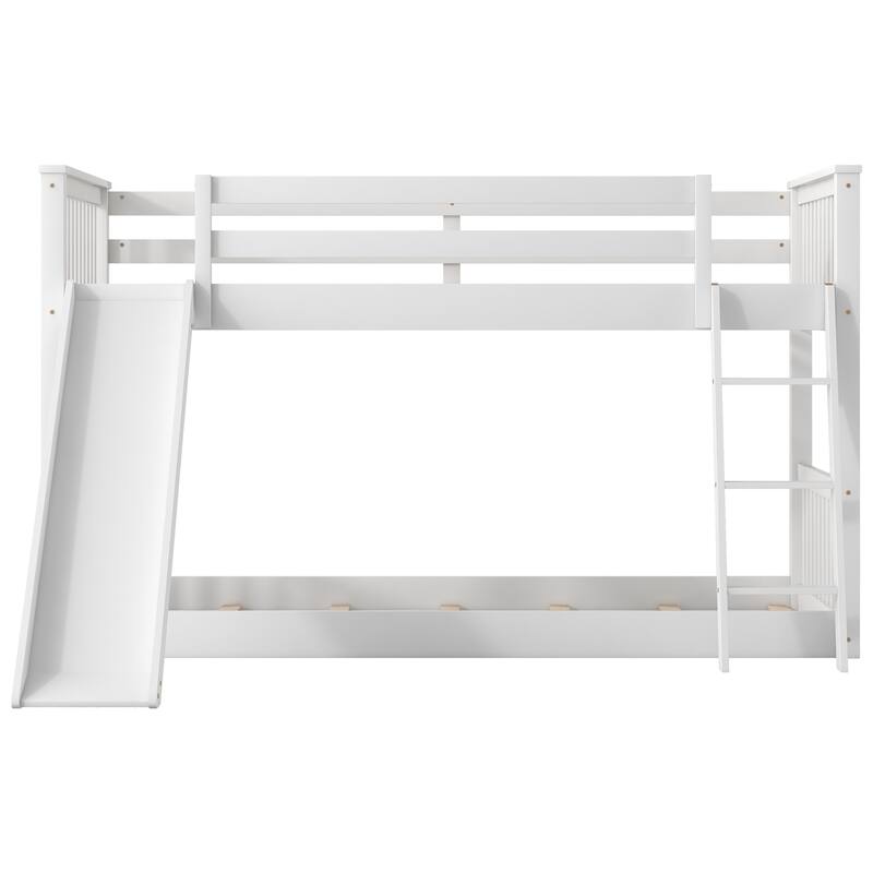 Floor Bunk Bed with Convertible Slide and Ladder, Wood Bunk Bedframe with Full-Length Guardrail Space-saving Low Bunk Bed