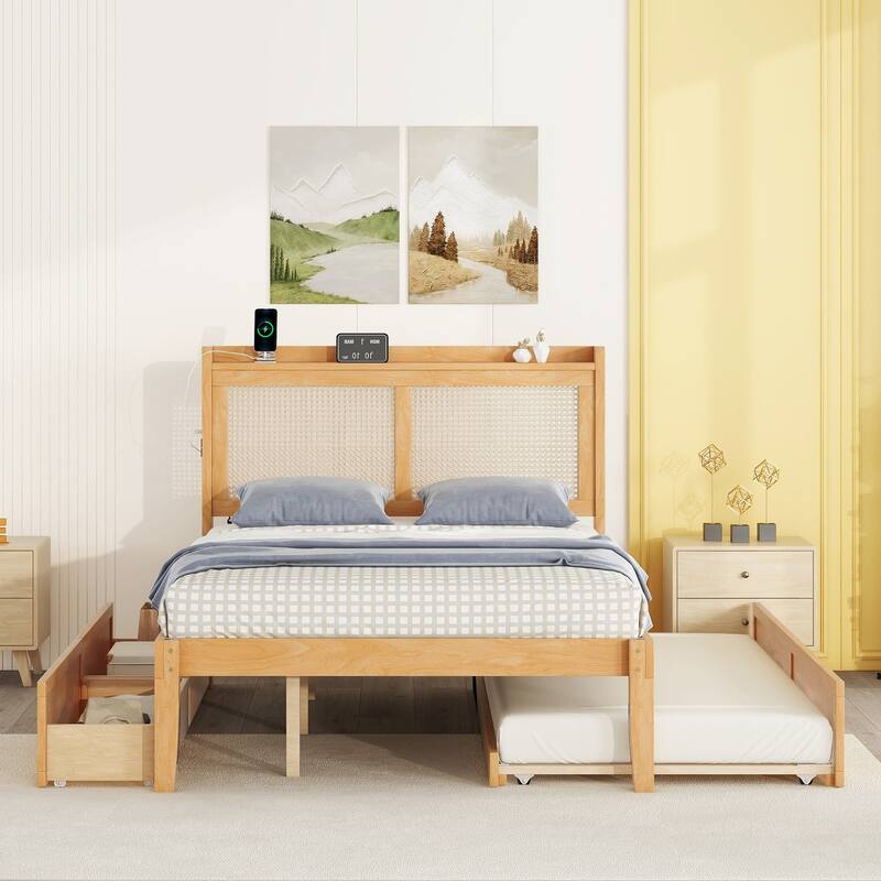 MidCentury Modern Full Size Platform Bed with Rattan Headboard and