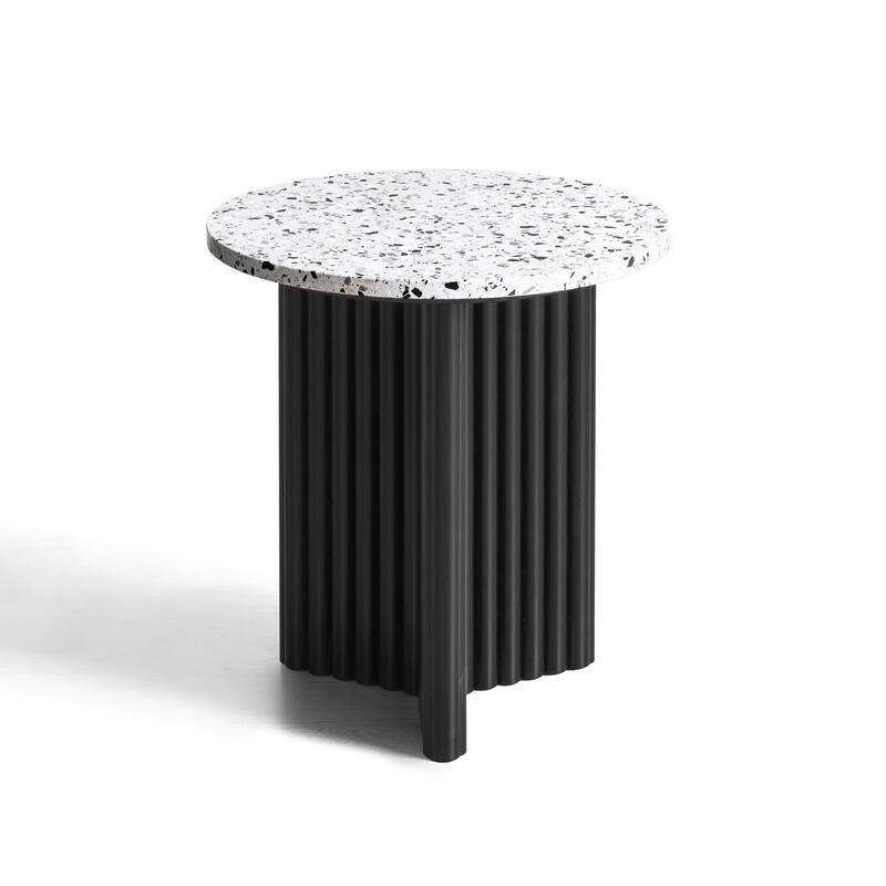 HomeRoots 23" White and Black Faux Terrazzo and Wood Round Pedestal End Table - 18.11 in. x 19.76 in. x 18.11 in.