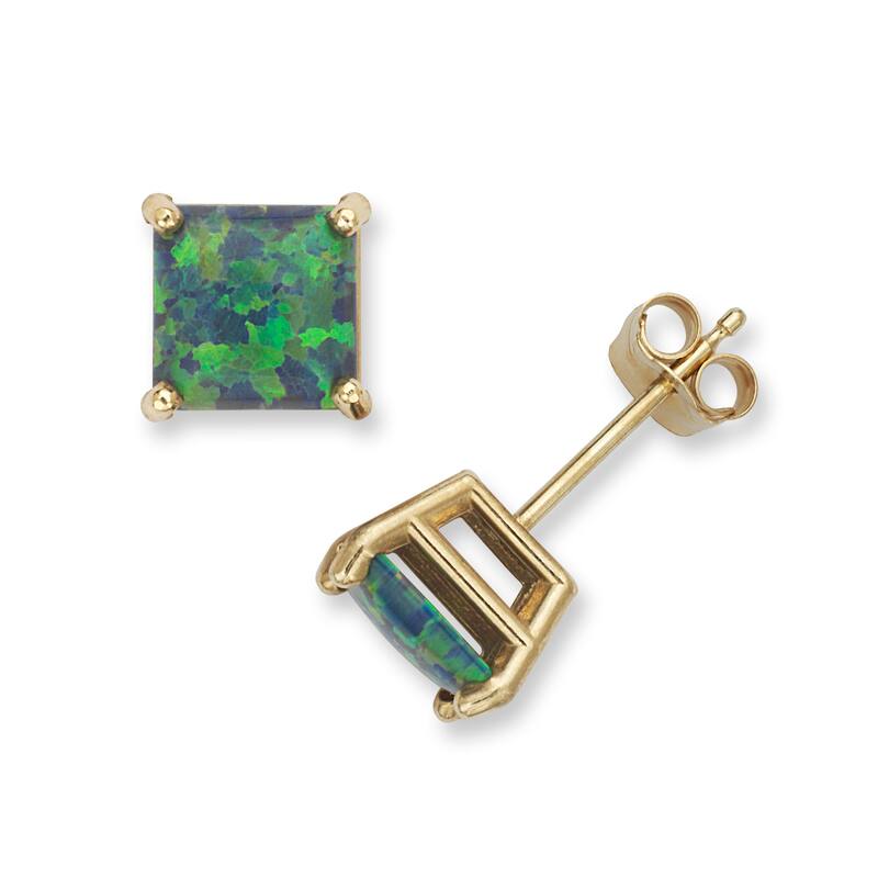 14k Yellow Gold 6mm Reconstructed Opal Square Princess Earrings - Green